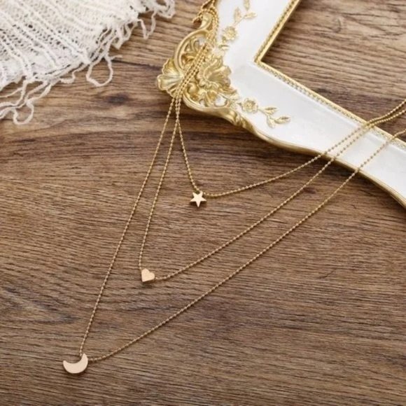 NEW Boho Dainty Moon Heart Star Gold Layered Chain Necklace A0107 - Picture 6 of 11